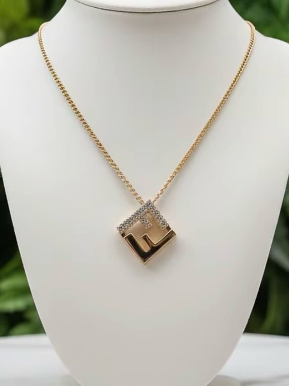 Fendi FF Gold Pendant Necklace with Pavé Crystal Accent - Authentic